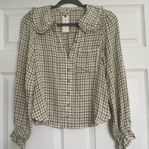 Pilcro Checkered Button-Up Blouse - Cream and Brown